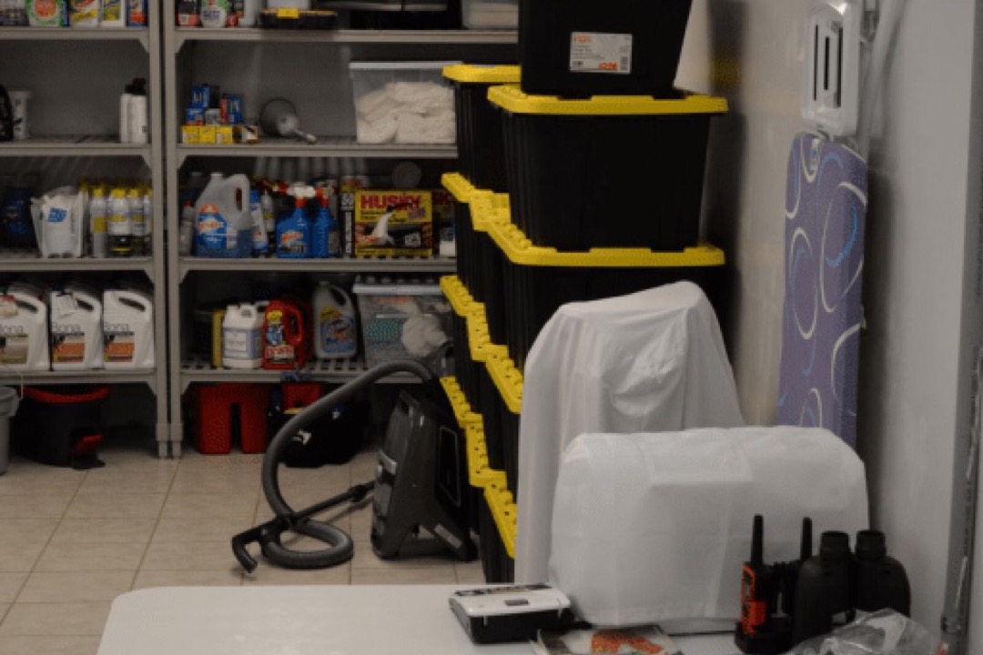 Organized garage with overhead storage rack, wall-mounted track system, and steel shelving