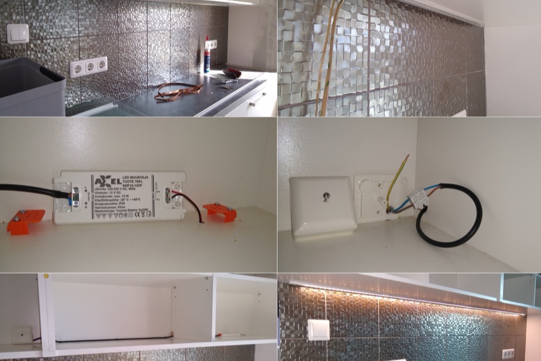 Warm under cabinet LED lighting illuminating a kitchen countertop and backsplash