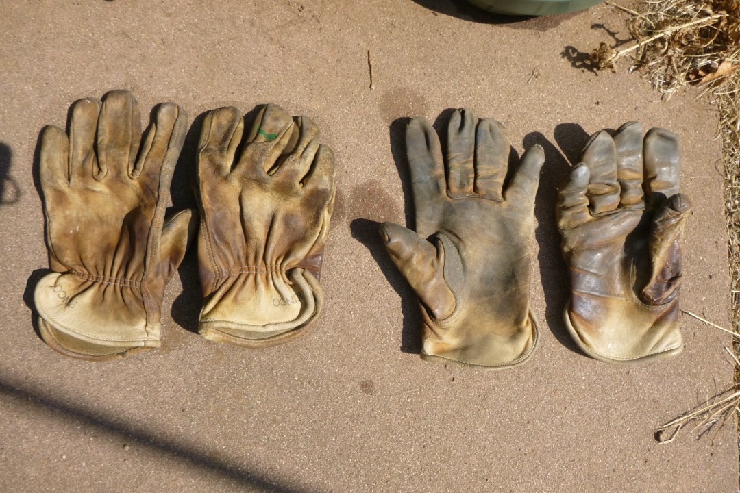 Leather and synthetic work gloves laid out on a workbench with hand tools